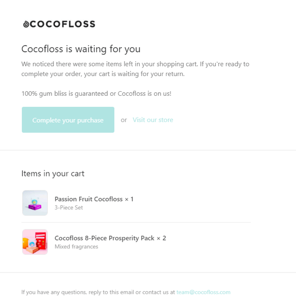 Cocofloss cart abandonment email Klaviyo