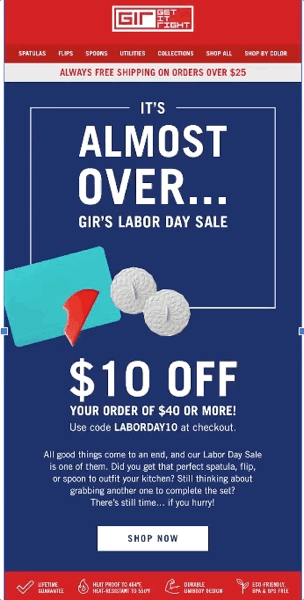 GIR Labor Day Sale Creative Version A: $10 Off $40+ Offer