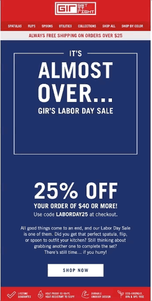 GIR Labor Day Sale Creative Version B: 25% Off $40+ Offer