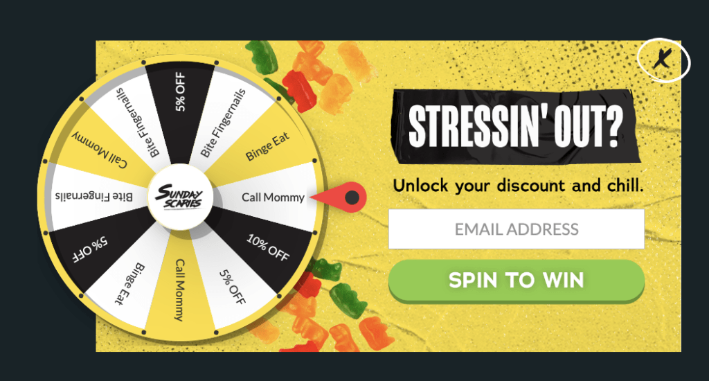 Email Pop-Up From SundayScaries Spin To Win Wheel, a CBD brand