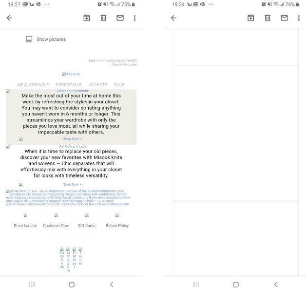 Two examples of the same email as previewed with blocked images, one with images alt text set, and one with no image alt text.