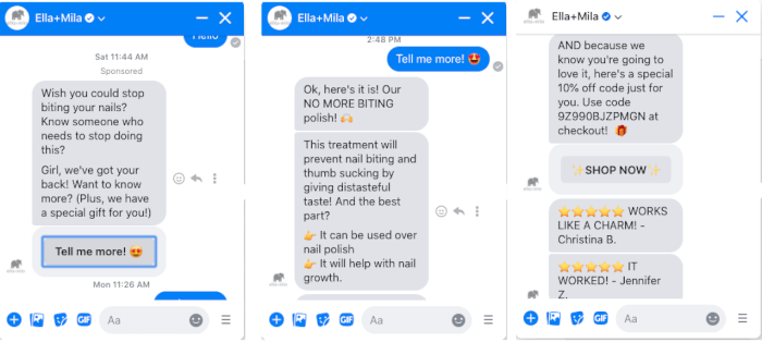 Ella + Mila Facebook Messenger Example