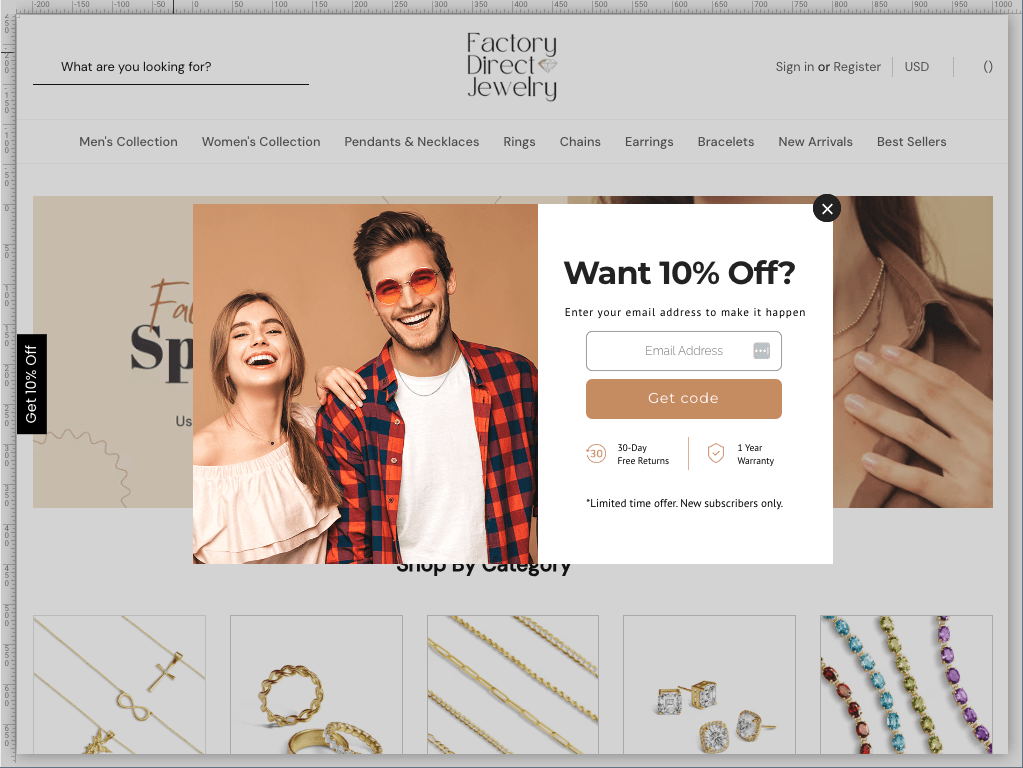factory direct jewelry pop-up email